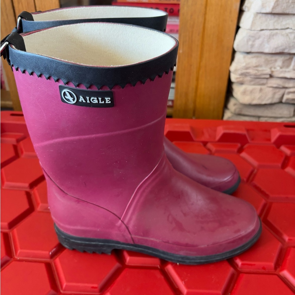 Ladies Pink and Navy Aigle Rain boots